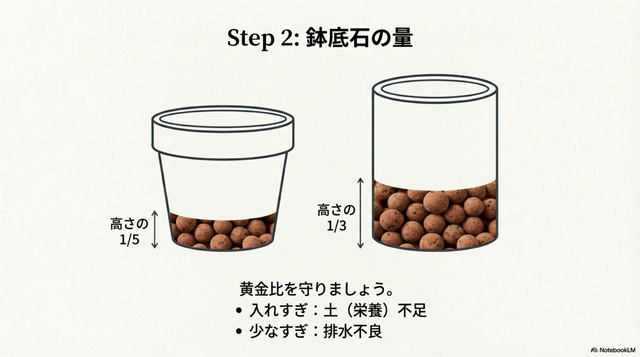 Step2. 鉢底石を入れる|量は1/5程度が目安