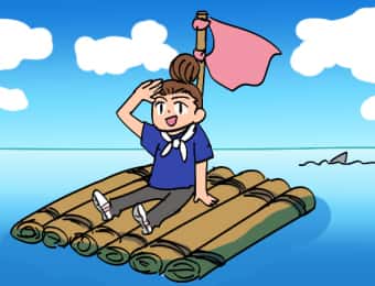 いかだで大海に泳ぎ出る