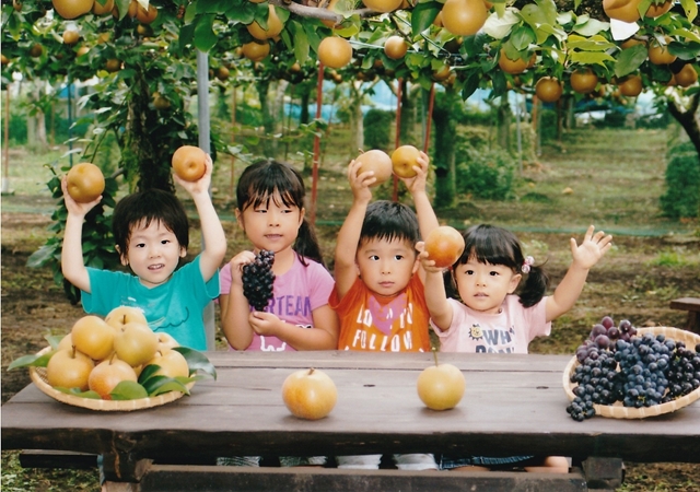 梨の木の下で梨を持つ子供たち