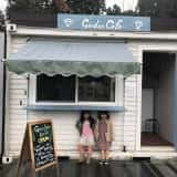 カフェのカウンターで雨やどりする女の子