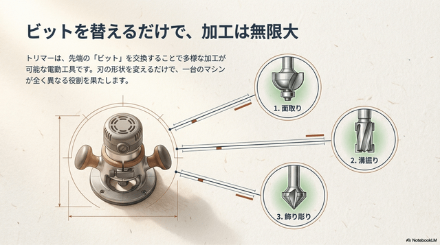 ビットを変えるだけで、多種な加工ができる。