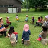 青空の下でおやつを食べる子どもたち