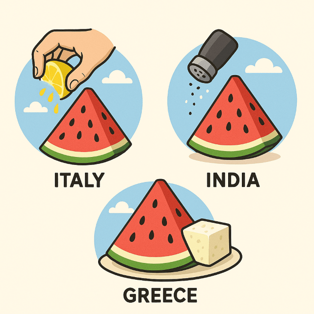 イタリアではスイカにレモン汁をかけたり、インドでは塩やコショウをかけたりします。ギリシャでは、スイカにチーズを添えて食べることもあります。