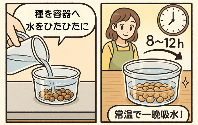 種を一晩水に浸ける