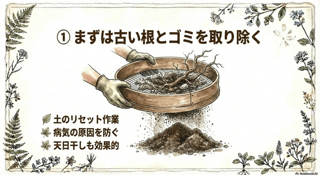 ①まずは古い根とゴミを取り除く