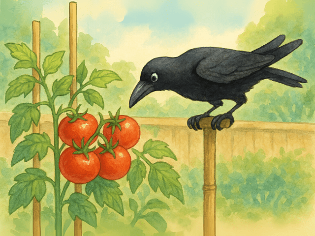 トマトを狙うカラスのイラスト