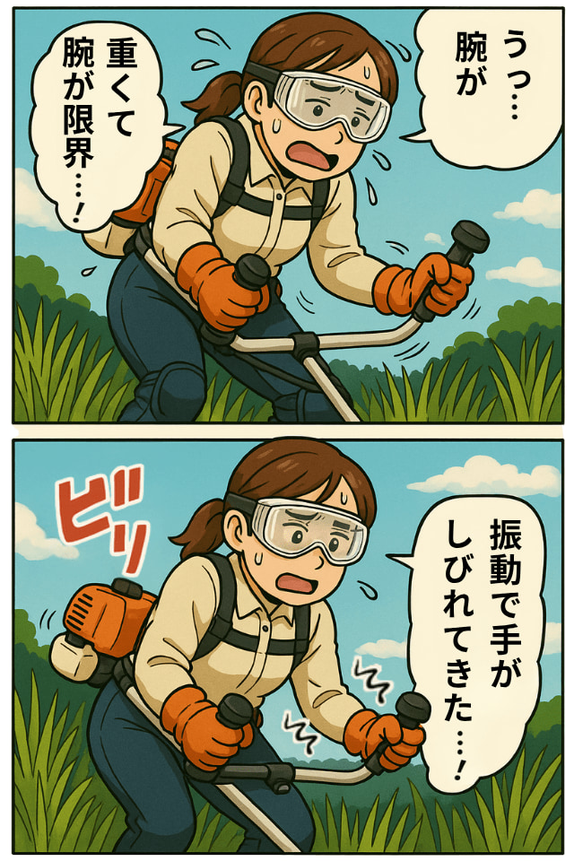 草刈り作業の悩みといえば「重くて腕が疲れる」「振動で手がしびれる」ではないでしょうか。