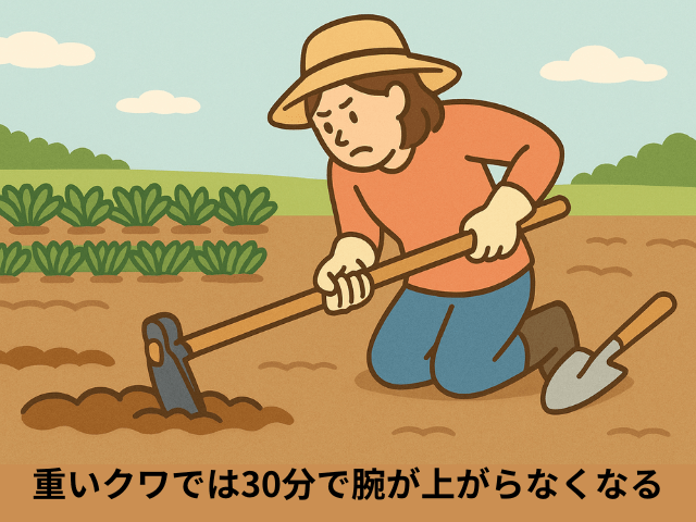 重いクワでは30分で腕があがらなくなってしまう