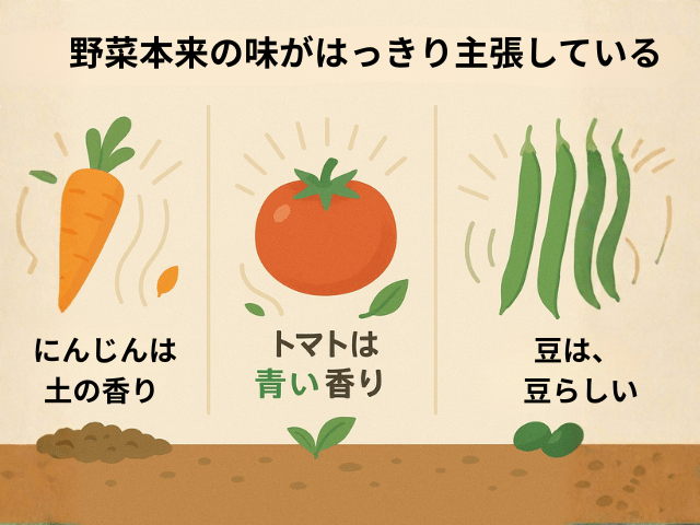 人参は土臭く、トマトは青臭く、豆は豆らしい