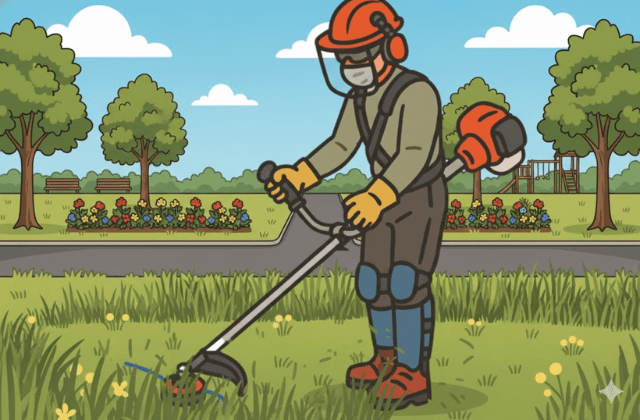 公園で草刈りをする造園業者