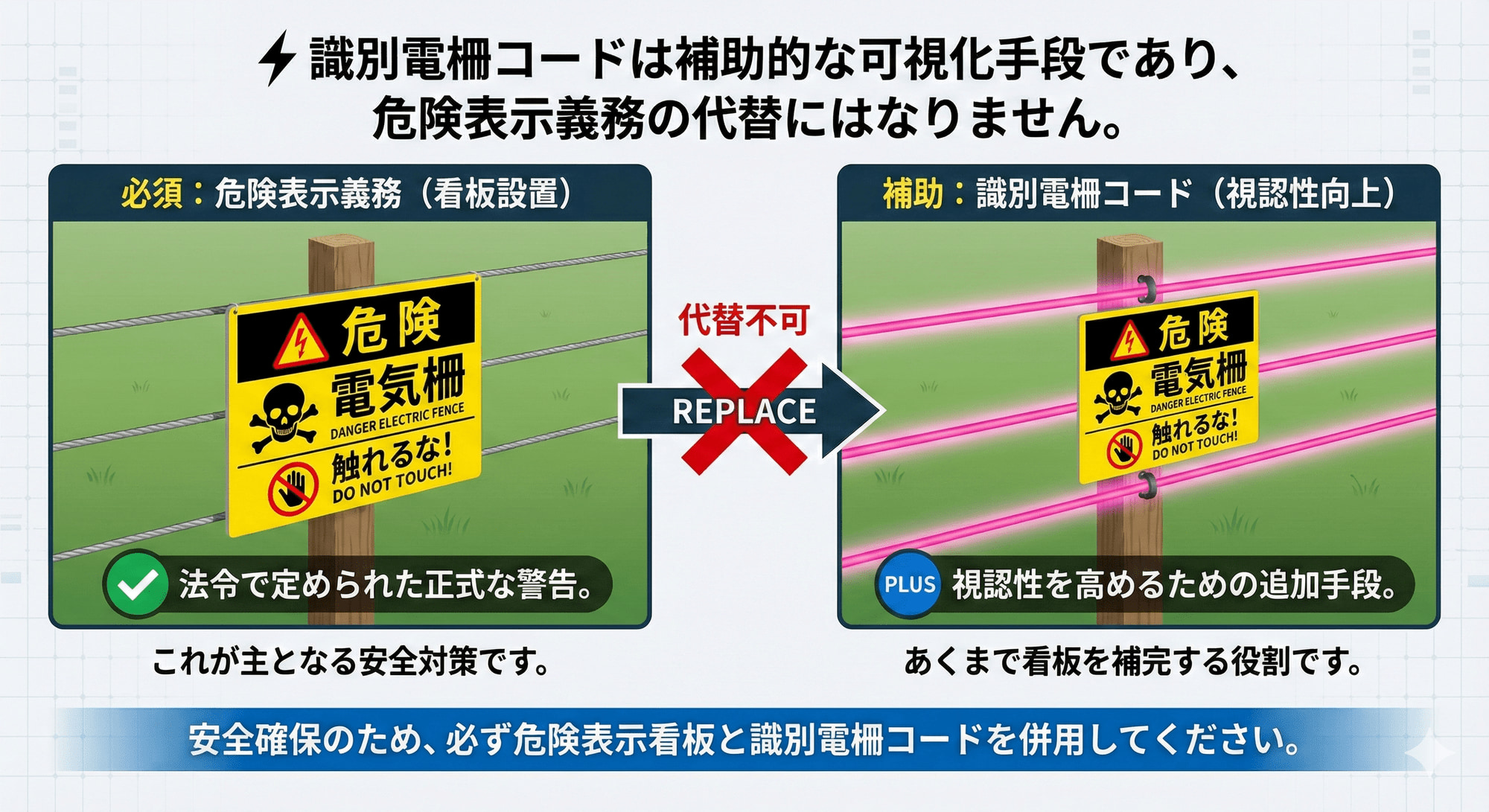 識別電柵コードは補助的な可視化手段であり、危険表示義務の代替にはなりません。