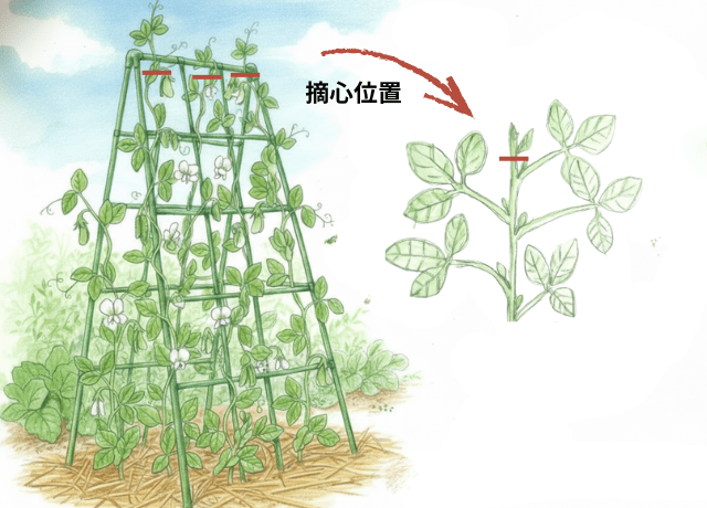 つる管理と摘心で花芽を集中させる