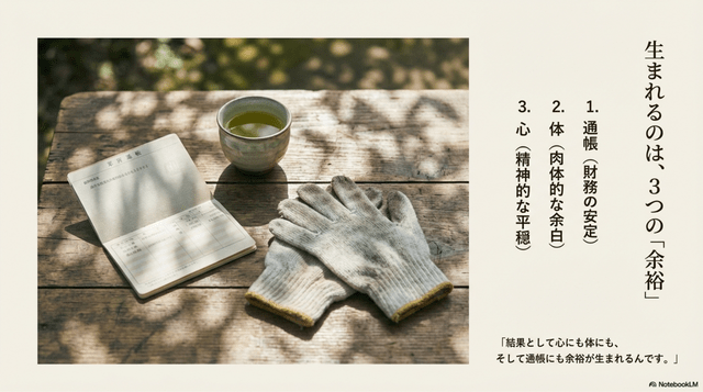 結果として心にも体にも、そして通帳にも余裕が生まれる