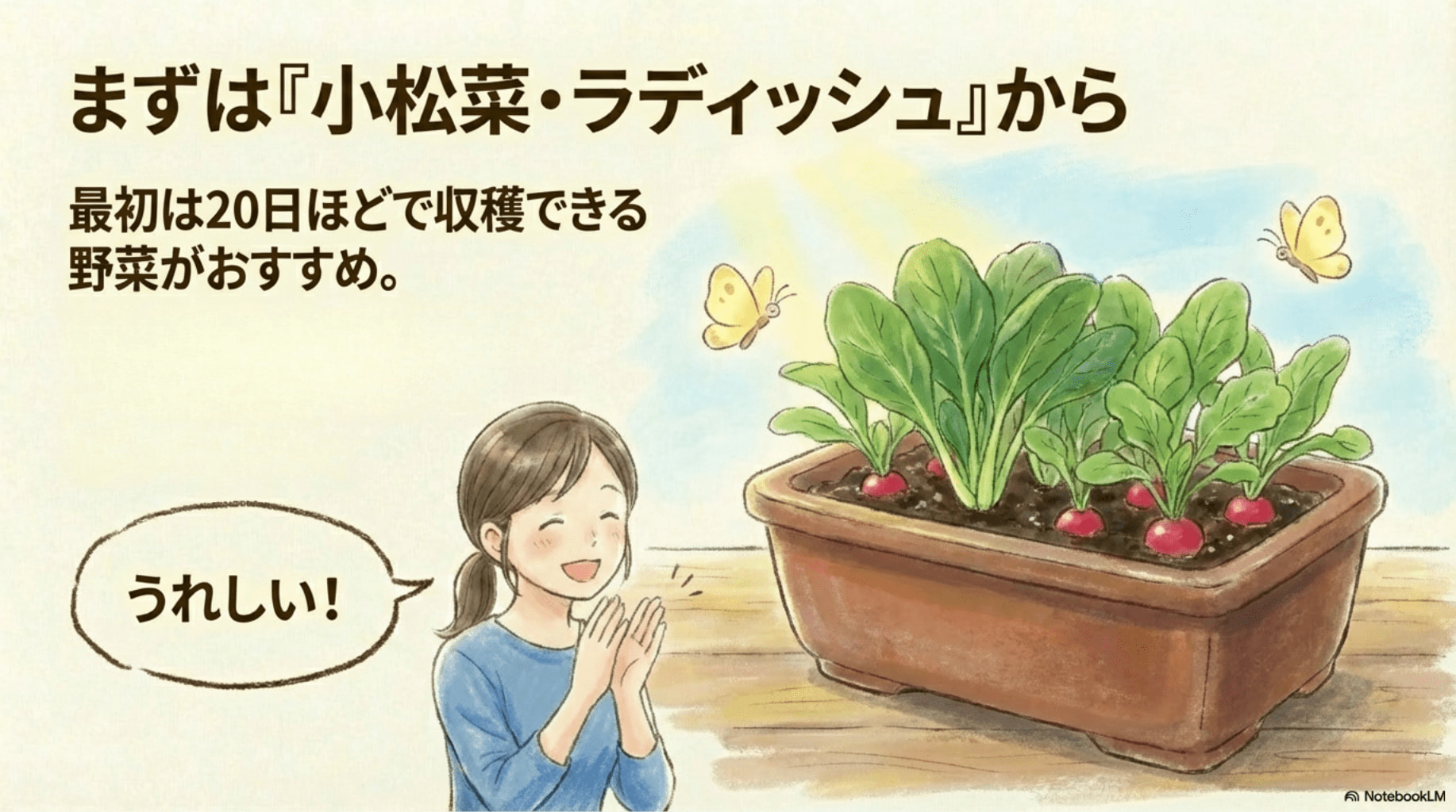 まずは、小松菜やラディッシュから