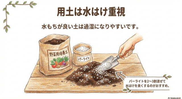 用土は水はけ重視(過湿を減らす)