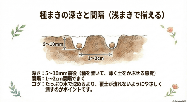 種まきの深さと間隔(浅まきで揃える)