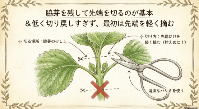 脇芽を残して先端を切るのが基本