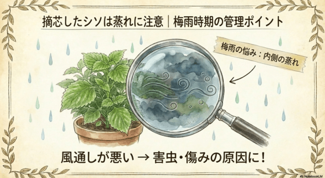 摘芯したシソは蒸れに注意|梅雨時期の管理ポイント