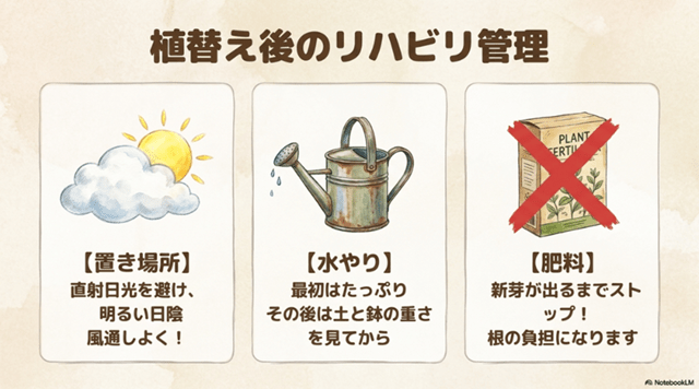 植替え後の管理|水やり・置き場所・肥料