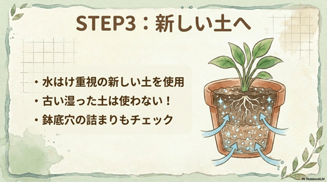 STEP3:水はけの良い土で植え替える