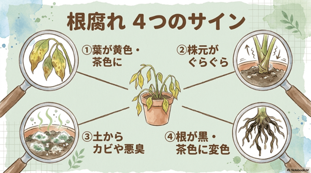 根腐れのサイン|土が湿ったまま葉がしおれる