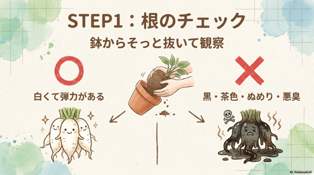 STEP1:根の変色・カビ・においを確認