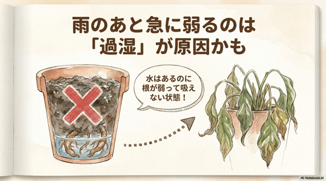雨のあと急に弱るのは過湿が原因かも