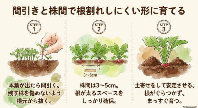間引きと株間で根割れしにくい形に育てる