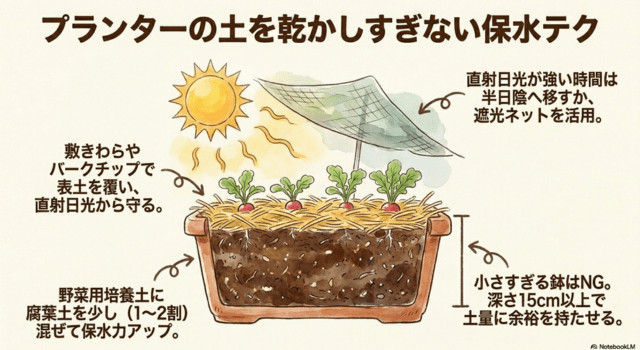 プランターの土を乾かしすぎない保水テク
