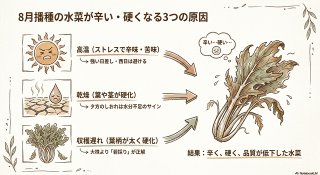 8月播種の水菜が辛い・硬くなる3つの原因
