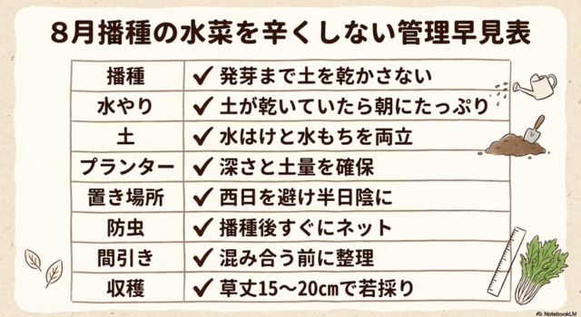 8月播種の水菜を辛くしない管理早見表