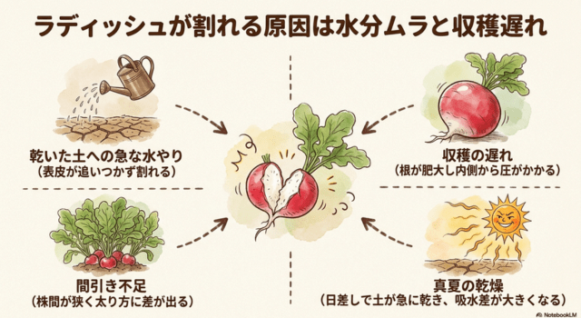 ラディッシュが割れる原因は水分ムラと収穫遅れ
