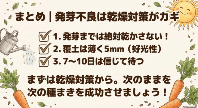 まとめ|ニンジンの発芽不良は乾燥対策がカギ