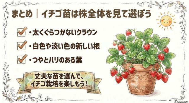 まとめ|イチゴ苗はクラウン・根張り・葉色を見て選ぼう