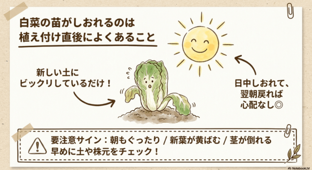 白菜の苗がしおれるのは植え付け直後によくあること
