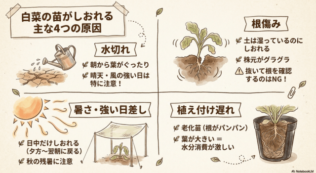 白菜の苗がしおれる主な4つの原因