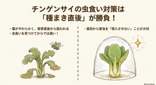チンゲンサイの虫食い対策は種まき直後が勝負