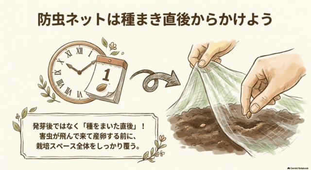 防虫ネットは種まき直後からかけよう
