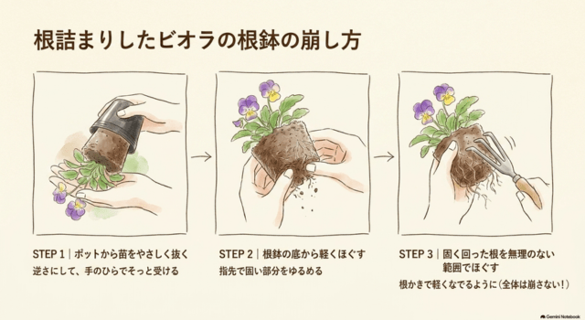 根詰まりしたビオラの根鉢の崩し方