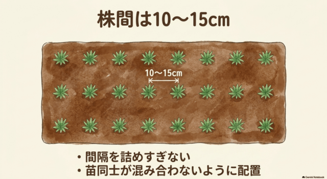 玉ねぎ苗は株間10〜15cmを目安に植え付ける
