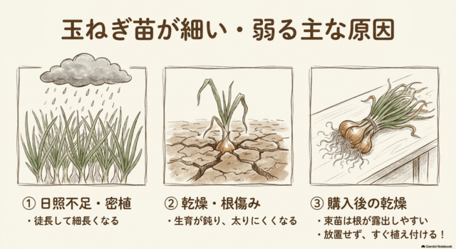 玉ねぎ苗が細い・弱る主な原因