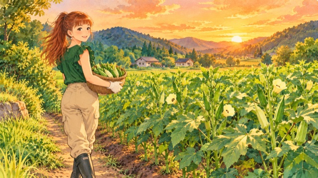 収穫したオクラを抱えて畑を振り返るAyaさん