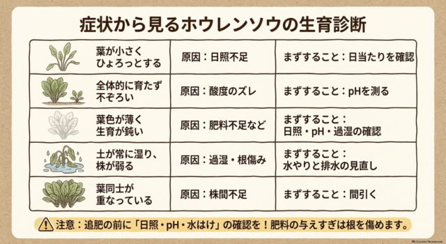症状から見るホウレンソウの生育診断
