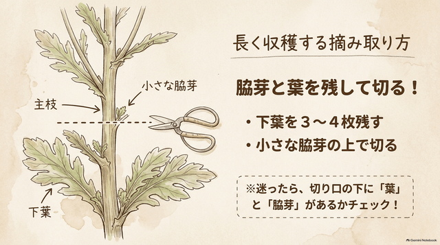 春菊を長く収穫する摘み取り方