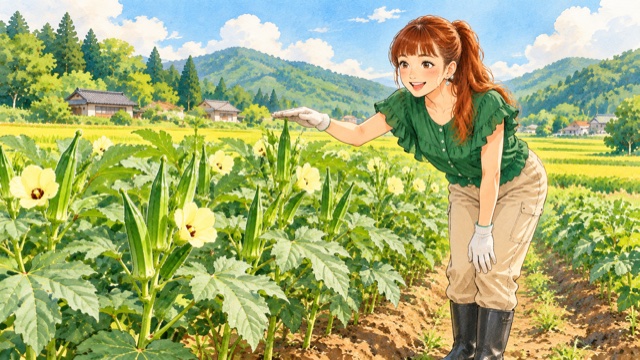 毎日伸びるオクラの成長を喜ぶAyaさん