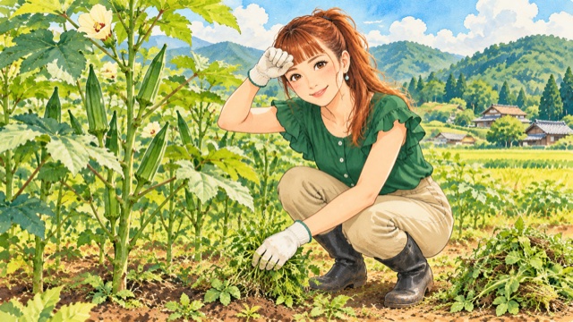 オクラの株元の雑草をとるAyaさん