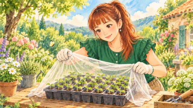 セルトレーをネットで覆って苗を虫から守るAyaさん