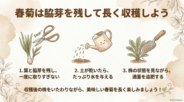 春菊は脇芽を残して長く収穫しよう