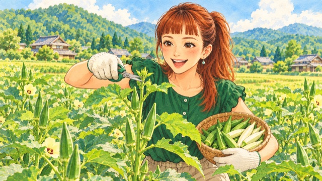 オクラを収穫しながらメインの茎の先をカットするAyaさん