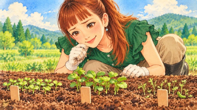 ラディッシュとダイコンは発芽し、水菜は虫に食べられた様子を見るAyaさん